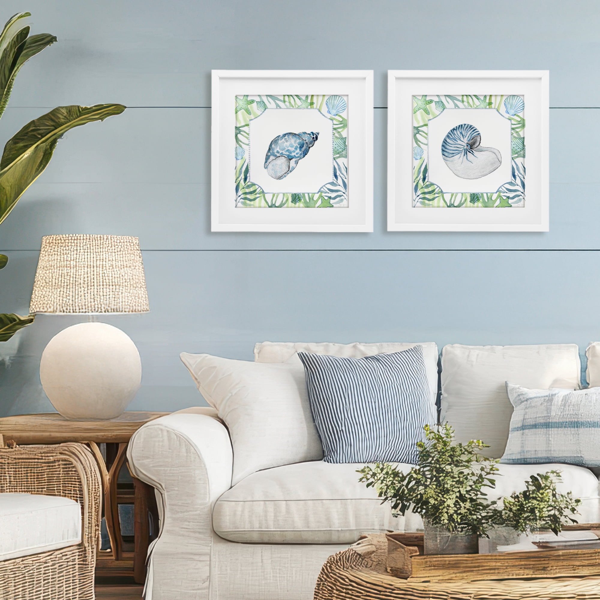 Stupell Industries Seaweed Bordered Seashells 2 Piece White Framed Print Under Glass Set, design by Janet Tava