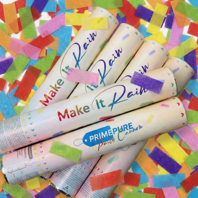 PrimePure Cañones de Confeti - Poppers con Confeti Rectangular Multicolor - Paquete de 6 - Cañones Lanzadores para Bodas, Cumpleaños y Celebraciones