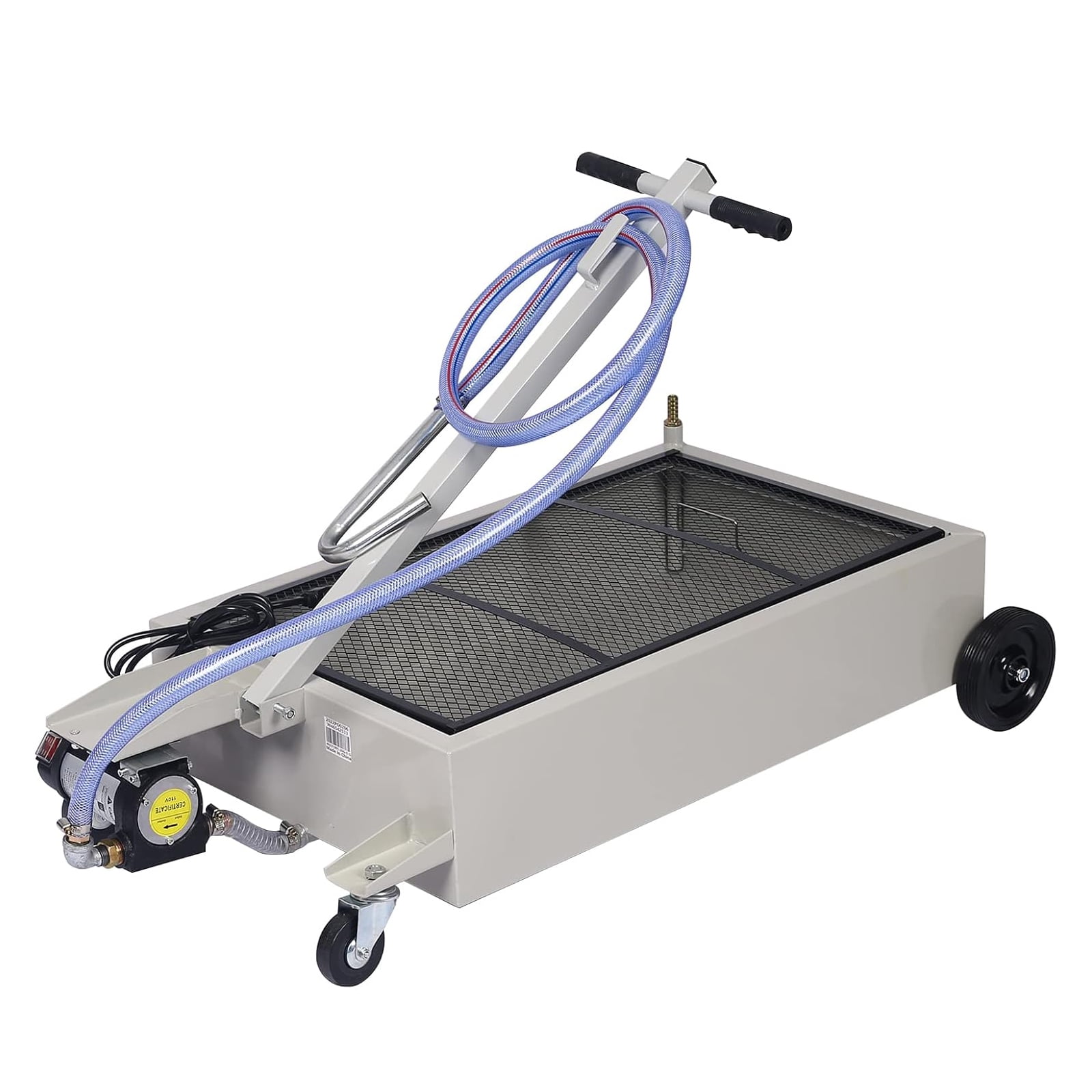 Low Profile Oil Drain Pan, Oil Drain Pan - Folding Handle, Heavy-Duty Mobile Oil Drain Tank with Locking Wheels & Filter Screen (High-Flow Pump, Grey, 20 Gallon)