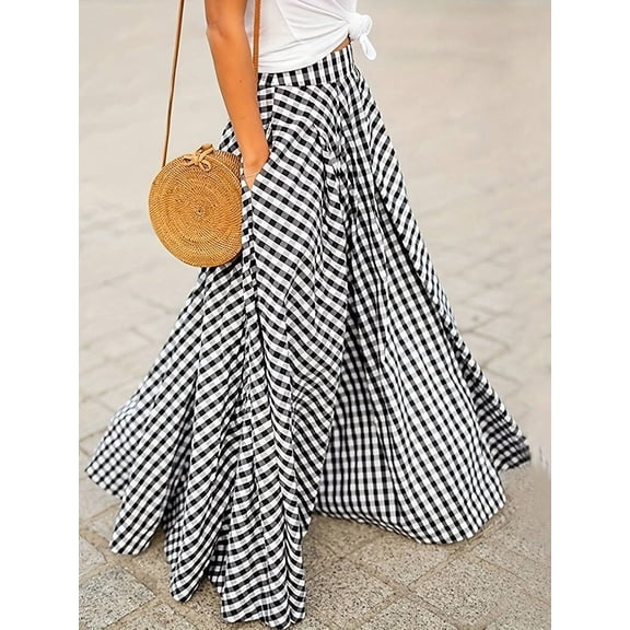 Black And White Gingham High Waist Flowing Maxi Skirt, Casual A-Line Skirt