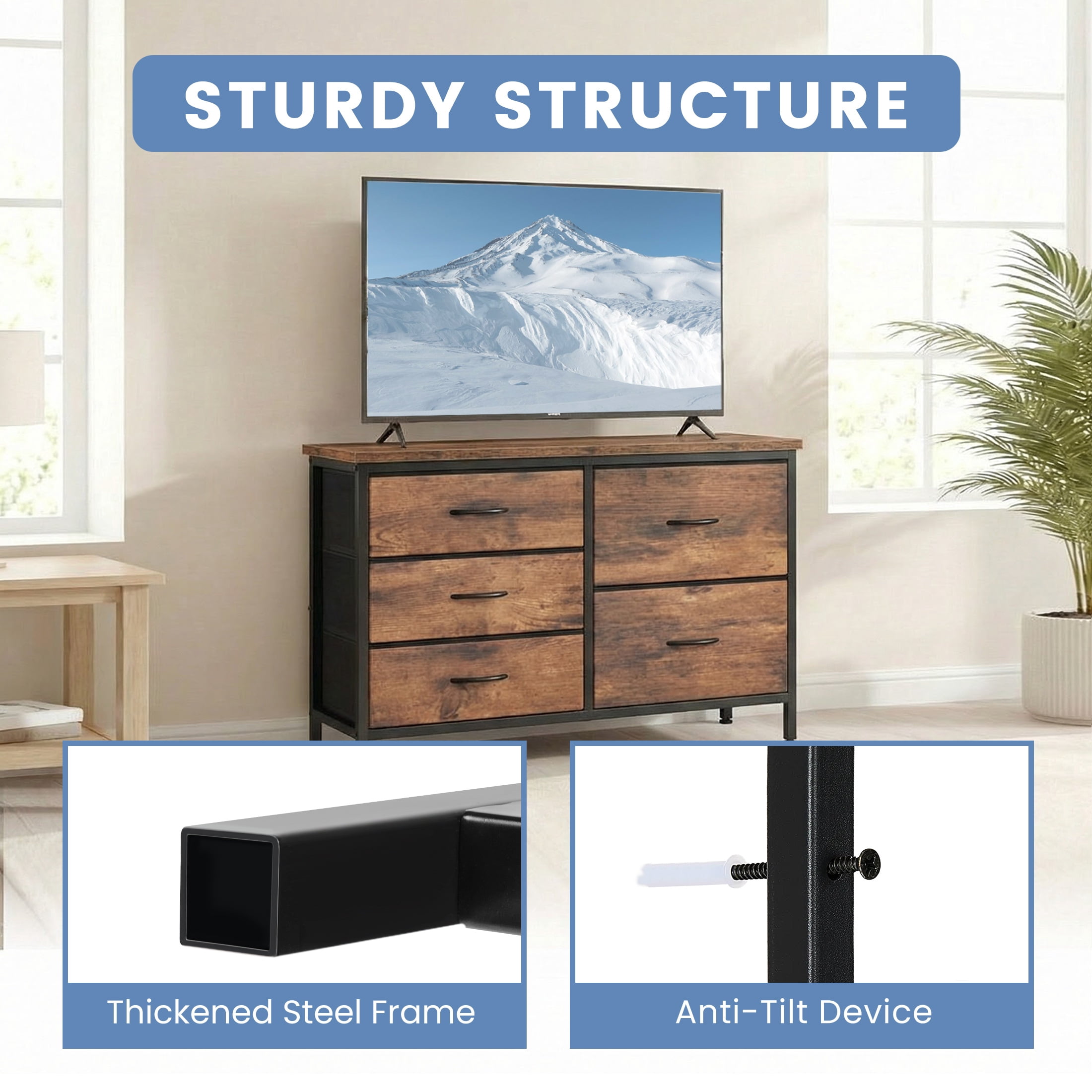 edx 5 Drawer Dresser for Bedroom, 39.4" Fabric Chest of Drawers with Wooden Top, Storage Organizer for Closet, Hallway & Living Room, Rustic Brown