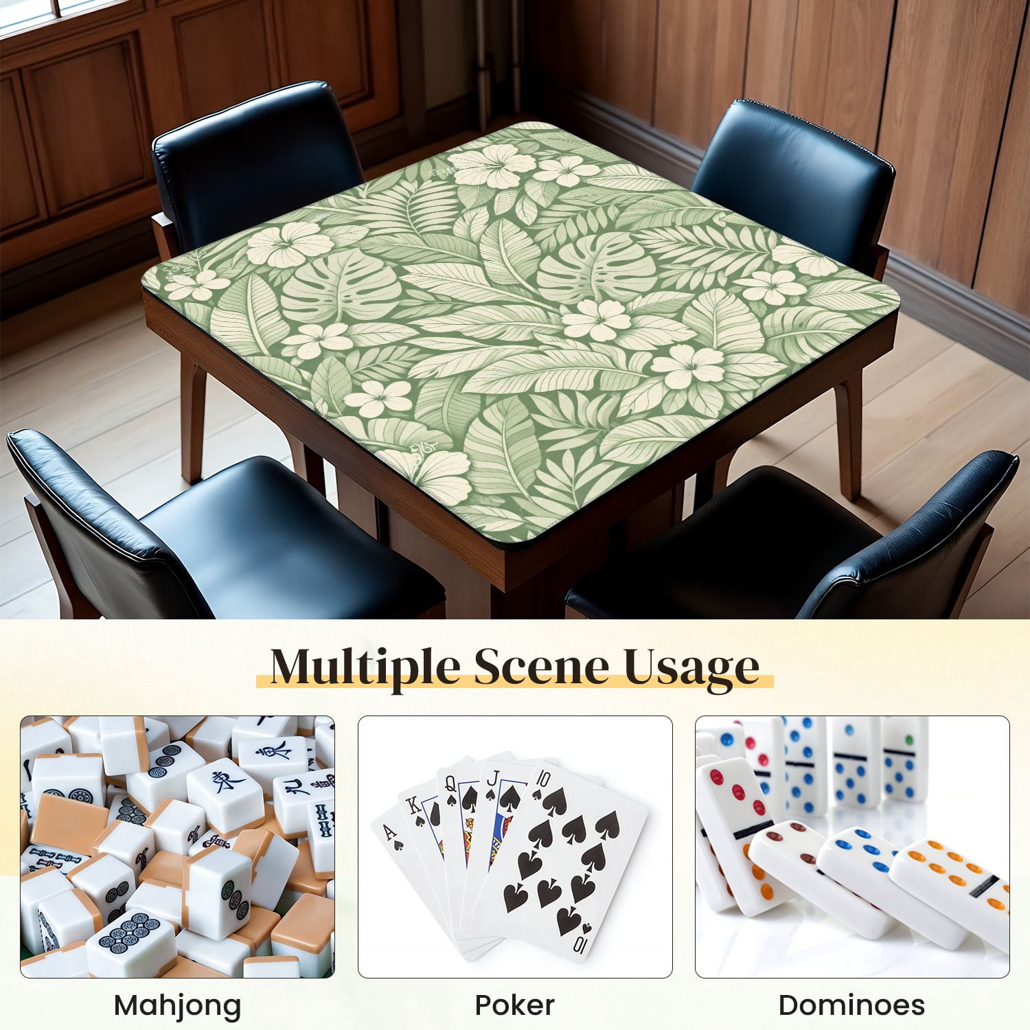 Mahjong Mat 31.5" x 31.5" Seamless tropical palm leaves green Anti-Slip and Noise Reduction Symmetry Design Mahjong Tiles Table Cover for Dominoes Poker Card Board and Tile Games