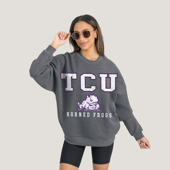 Women's Gameday Couture  Heather Charcoal TCU Horned Frogs Oversized Distressed Fleece Pullover Sweatshirt