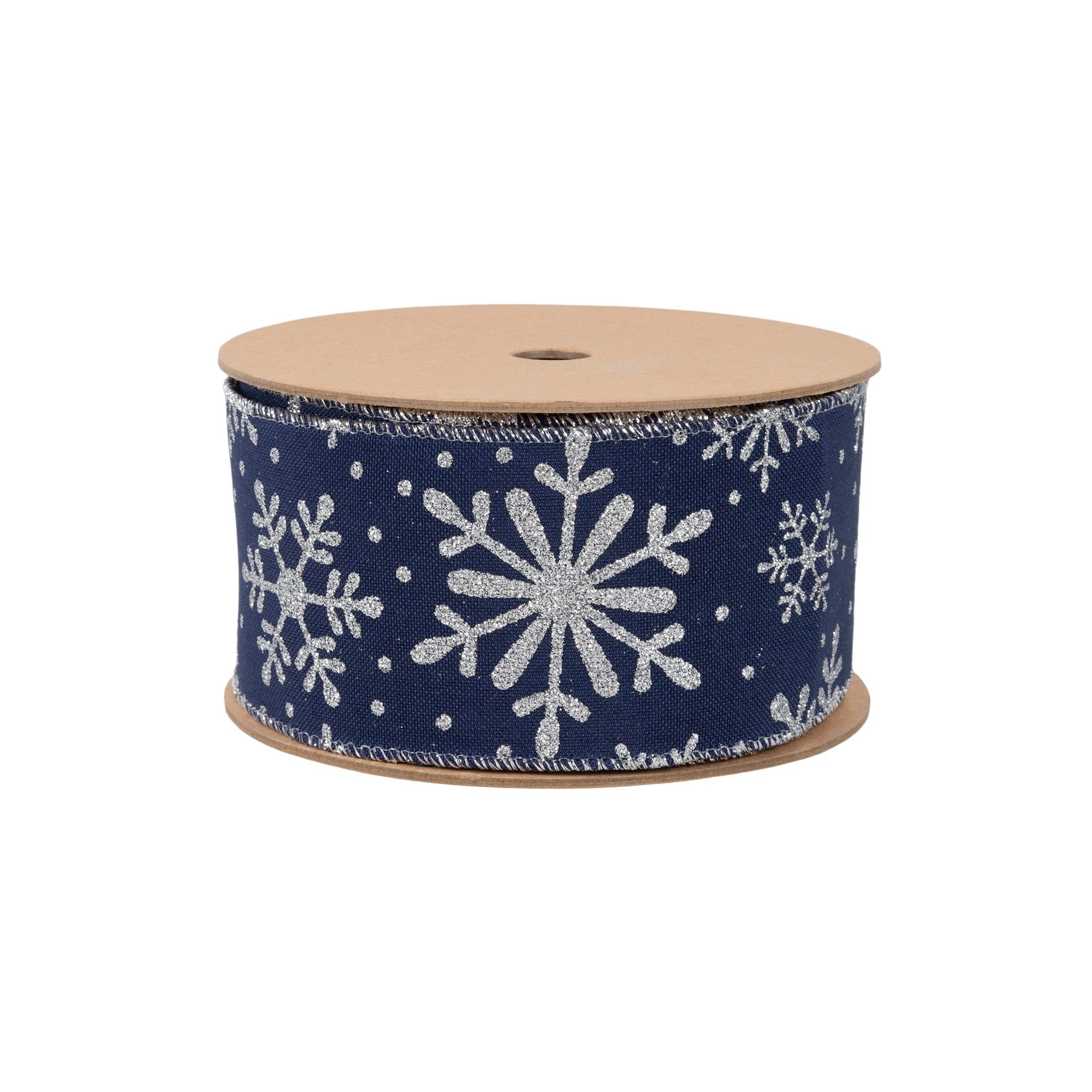 LaRibbons 2 1/2" Faux Linen Wired Ribbon, Blue w/ Giltter Silver Snowflake, 25 Yard Roll