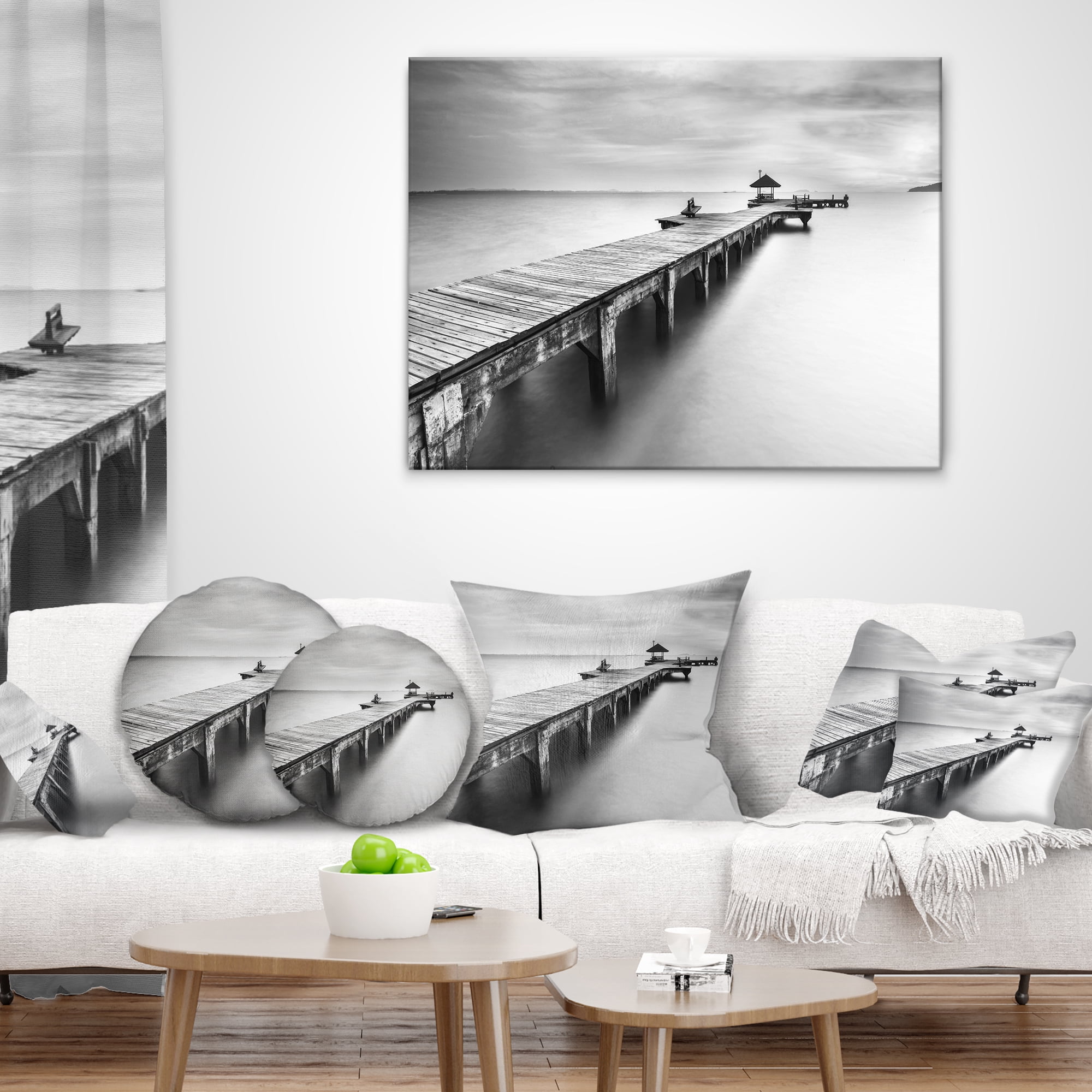 Designart Wooden Sea Bridge - Seascape Photography Throw Pillow - 16x16