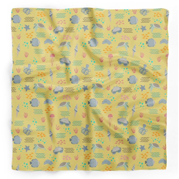 Bimba Yellow Crab & Tortoise Ocean Pure Silk Printed Scarf Dupatta Head Neck Wrap Bandanas For Women 40 x 40 Inches