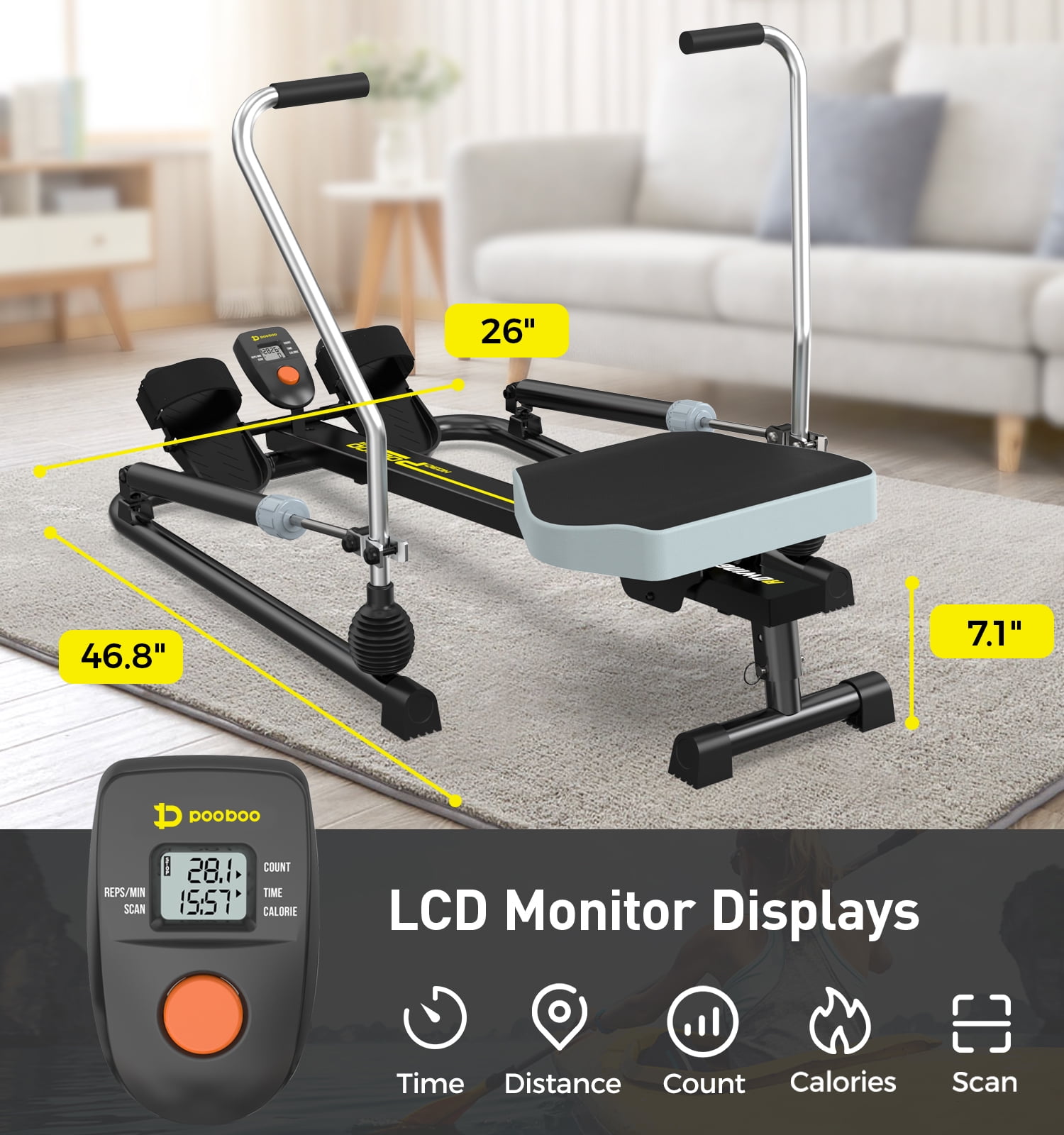 Buy Pooboo Rowing Machine 12 Level Adjustable Resistance Hydraulic