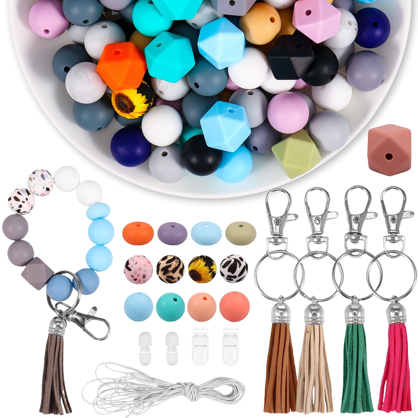 BOZUAN 120pcs Round Silicone Beads for Keychain Making Kit, Multiple Styles and Shapes Silicone Beads Bulk Rubber Beads for Keychains Making