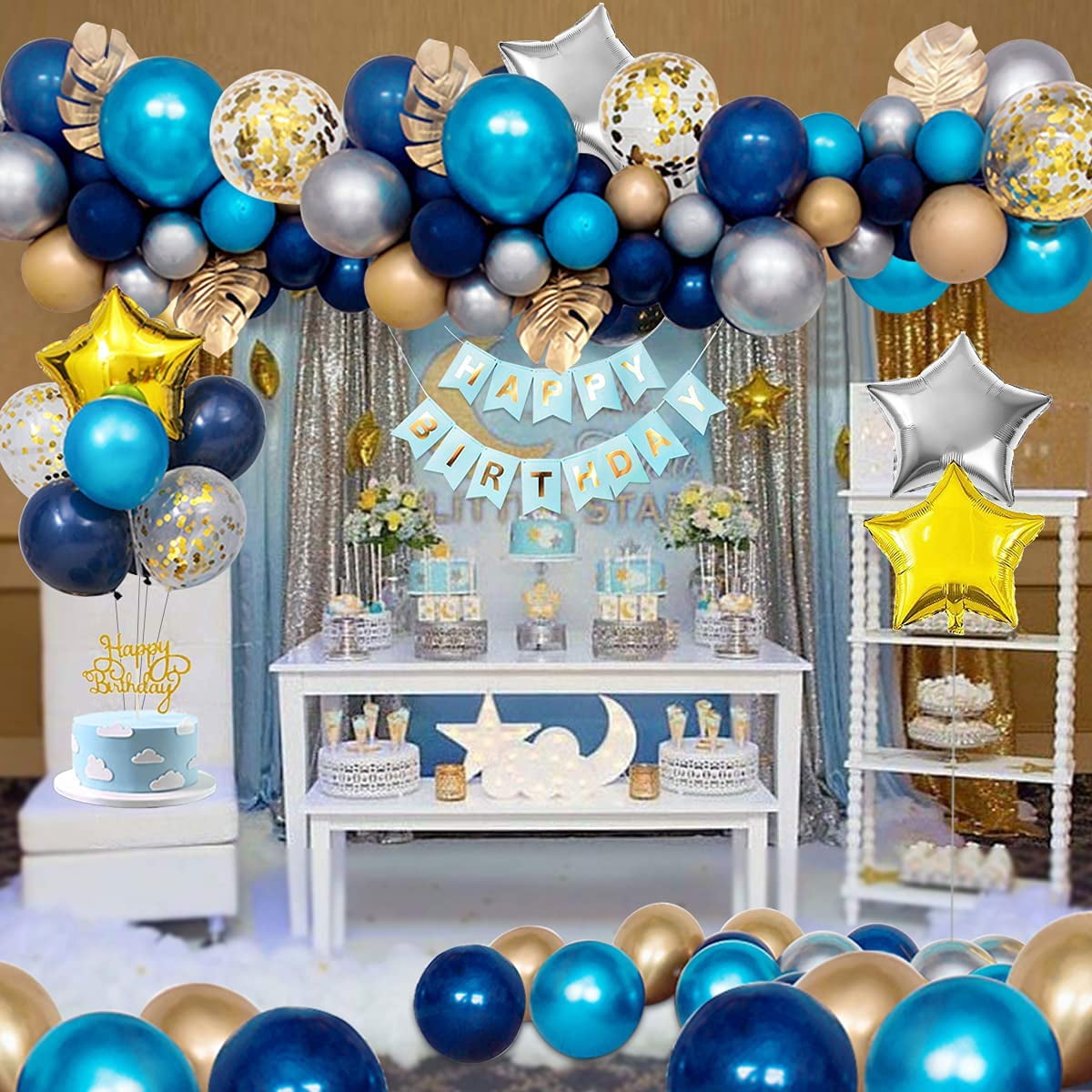 AOWEE Men Blue Gold Birthday Decorations, Royal Blue Gold Balloon Arch with Banner Confetti Gold Balloon Crown Star Balloons Palm Leaves Cake Topper for 50th Birthday Anniversary