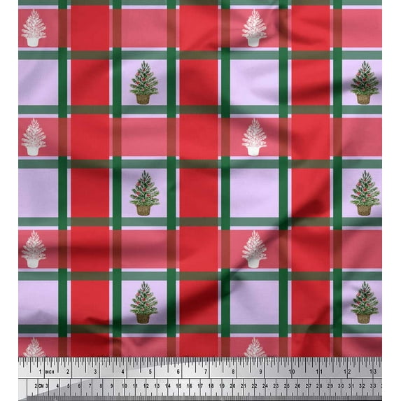 Soimoi Purple Poly Georgette Fabric Plant & Check Print Fabric by the Yard 42 Inch Wide