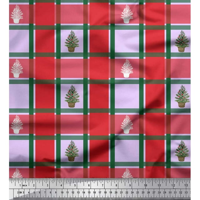 Soimoi Purple Moss Georgette Fabric Plant & Check Printed Craft Fabric by the Yard 42 Inch Wide