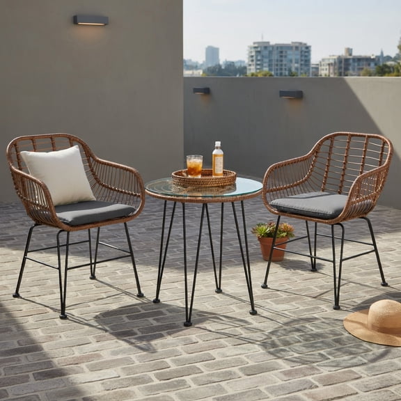 Hommoo 3-Piece Outdoor Rattan Bistro Set with Removable Cushions, Steel Frame, Tempered Glass Table, Gray