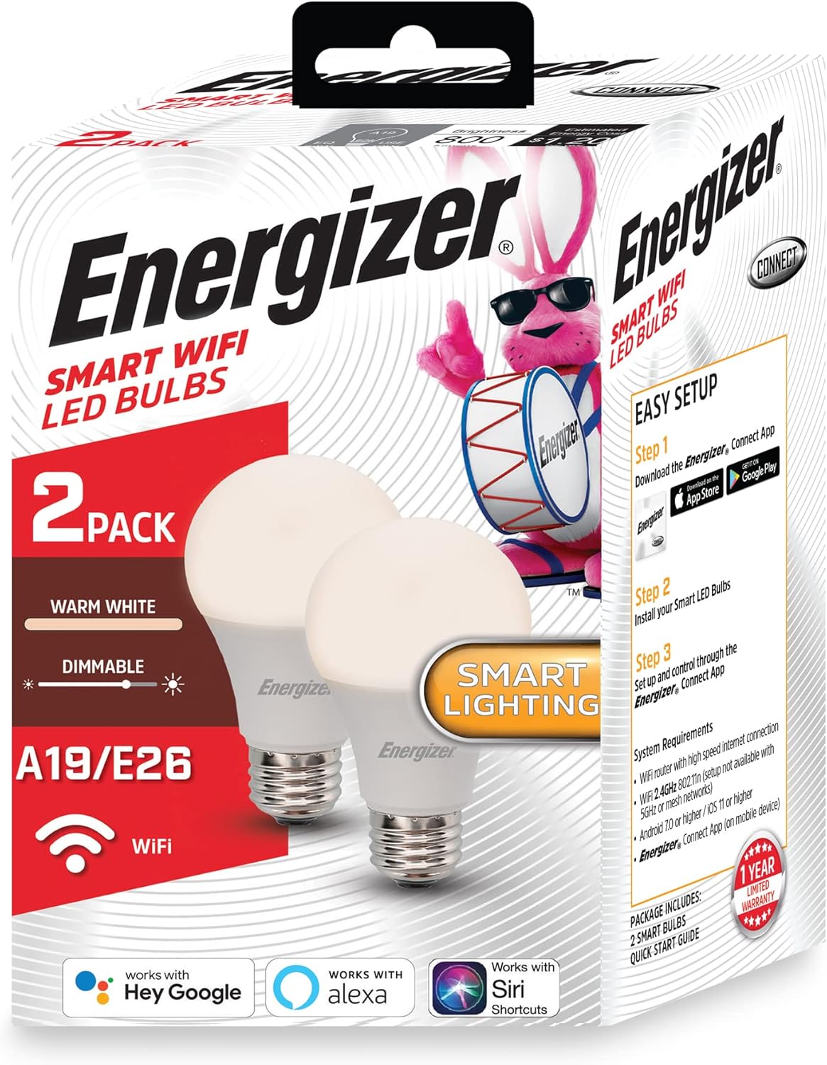 Energizer Connect Smart A19 LED Bulbs, Warm White, 2-Pack photo 1