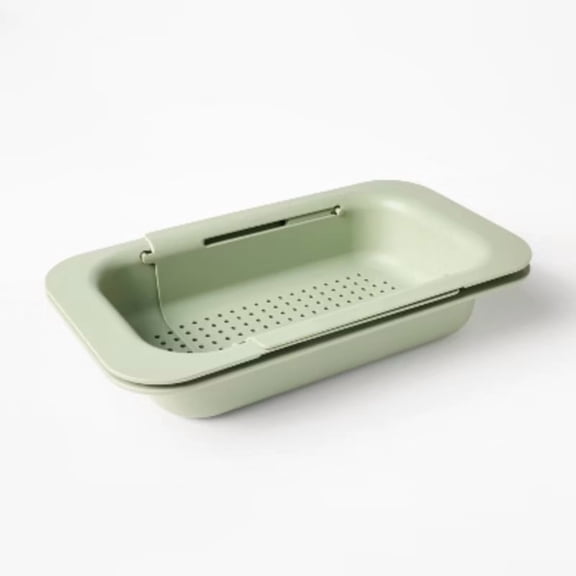 Plastic Narrow Over the Sink Expandable Colander with Soaking Tray Green Strainer, Dishwasher-Safe