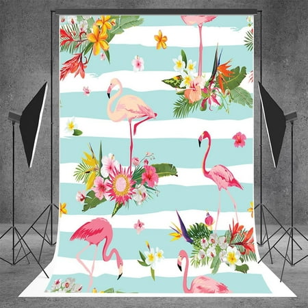 Image of HelloDecor 5x7ft Flamingos Child Backdrops White and Blue Stripes Photography Backgrounds Party Photo Booth Props