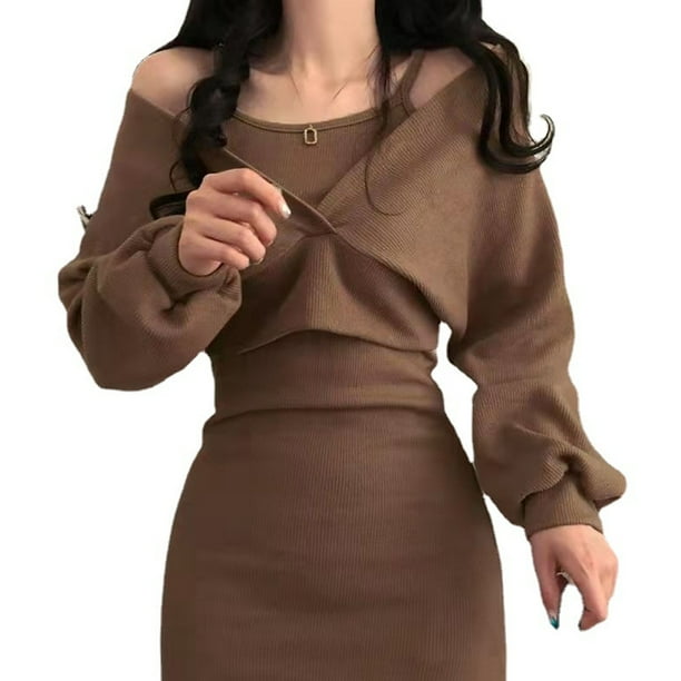 Mini vestido de club holgado de manga larga con hombros descubiertos informal sexy para mujer Adepaton BST2002075-3