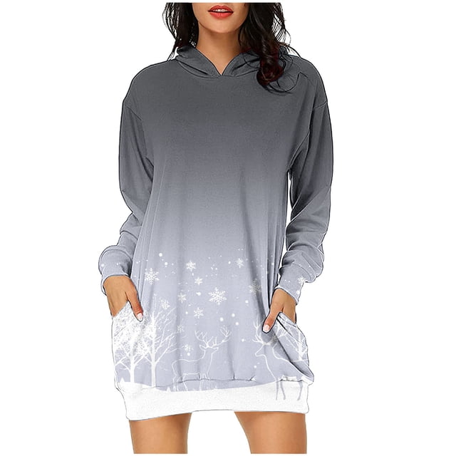 Pisexur Robes de Noël pour Femmes Mode Imprimé Flocon de Neige Sweat à Capuche Robe Décontractée Manches Longues Robes d'Automne Robe de Fête Mini Robe avec Poches