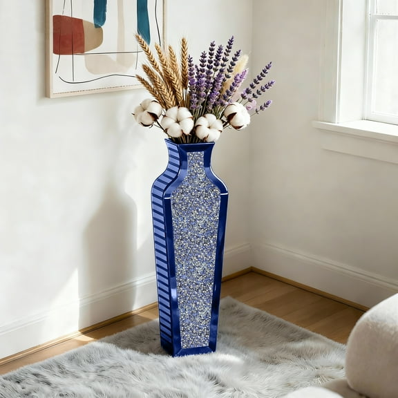 SHYFOY 26.57" Blue Mirrored Floor Vase with Crushed Diamond Accents, Tall Decorative Sparkle Vase for Dried Flowers, Pampas Grass & Modern Glam Home Décor
