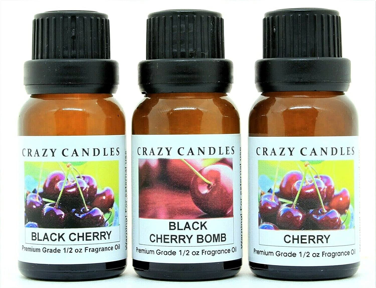 Crazy Candles 3 Bottles Set, 1 Black Cherry, 1 Black Cherry Bomb, 1 Cherry 1/2 fl oz Each (15ml) Premium Grade Scented Fragrance Oils Made in USA