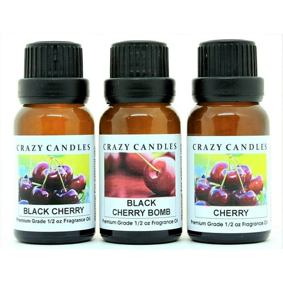 Crazy Candles 3 Bottles Set, 1 Black Cherry, 1 Black Cherry Bomb, 1 Cherry 1/2 fl oz Each (15ml) Premium Grade Scented Fragrance Oils Made in USA