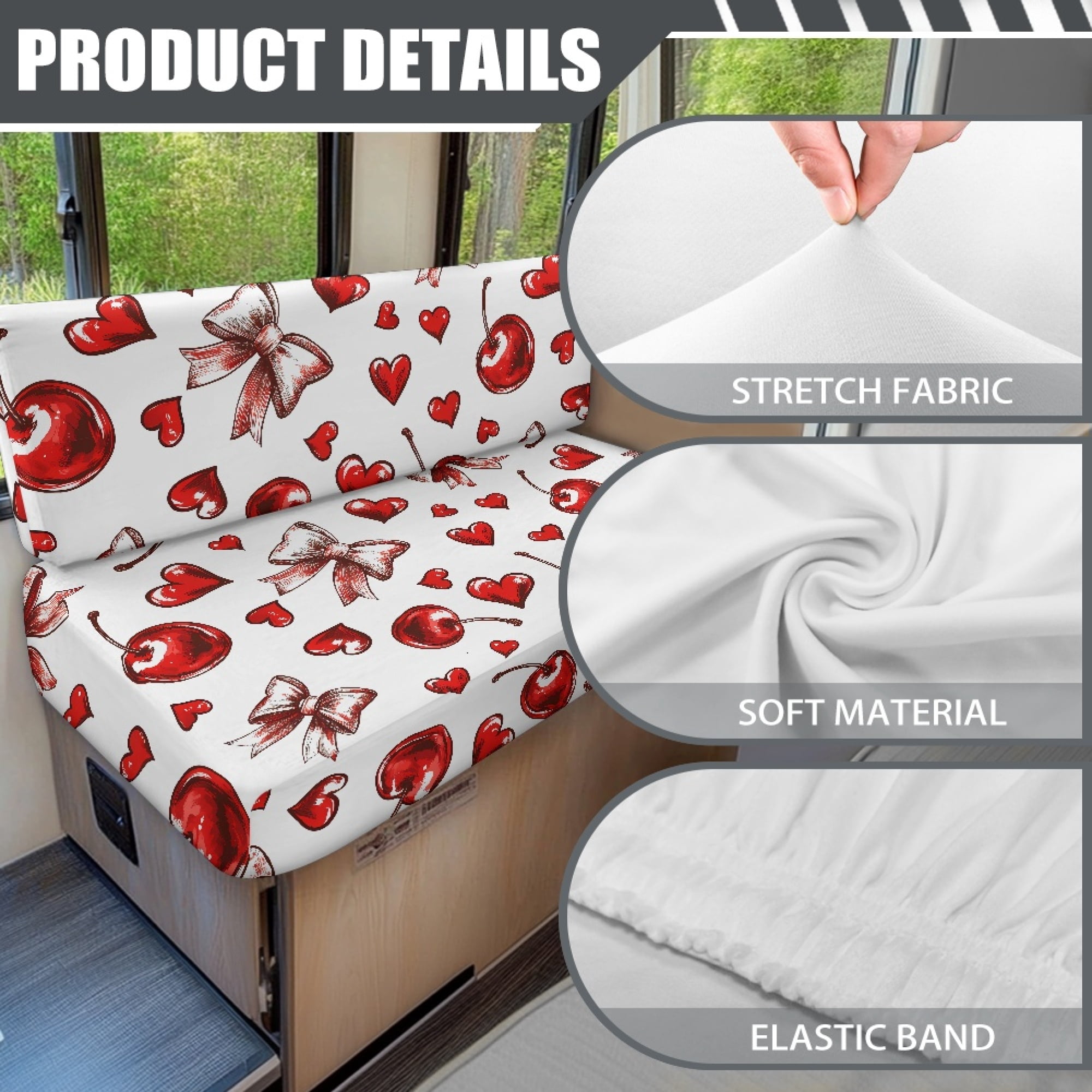 Yuyamidu Cherry RV Dinette Cushion Covers Booth Set Bow Camper Cushions Cover Red Heart RV Couch Covers 2 Pcs Valentine's Day Camper Dinette Seat Covers for Travel Trailer Couch