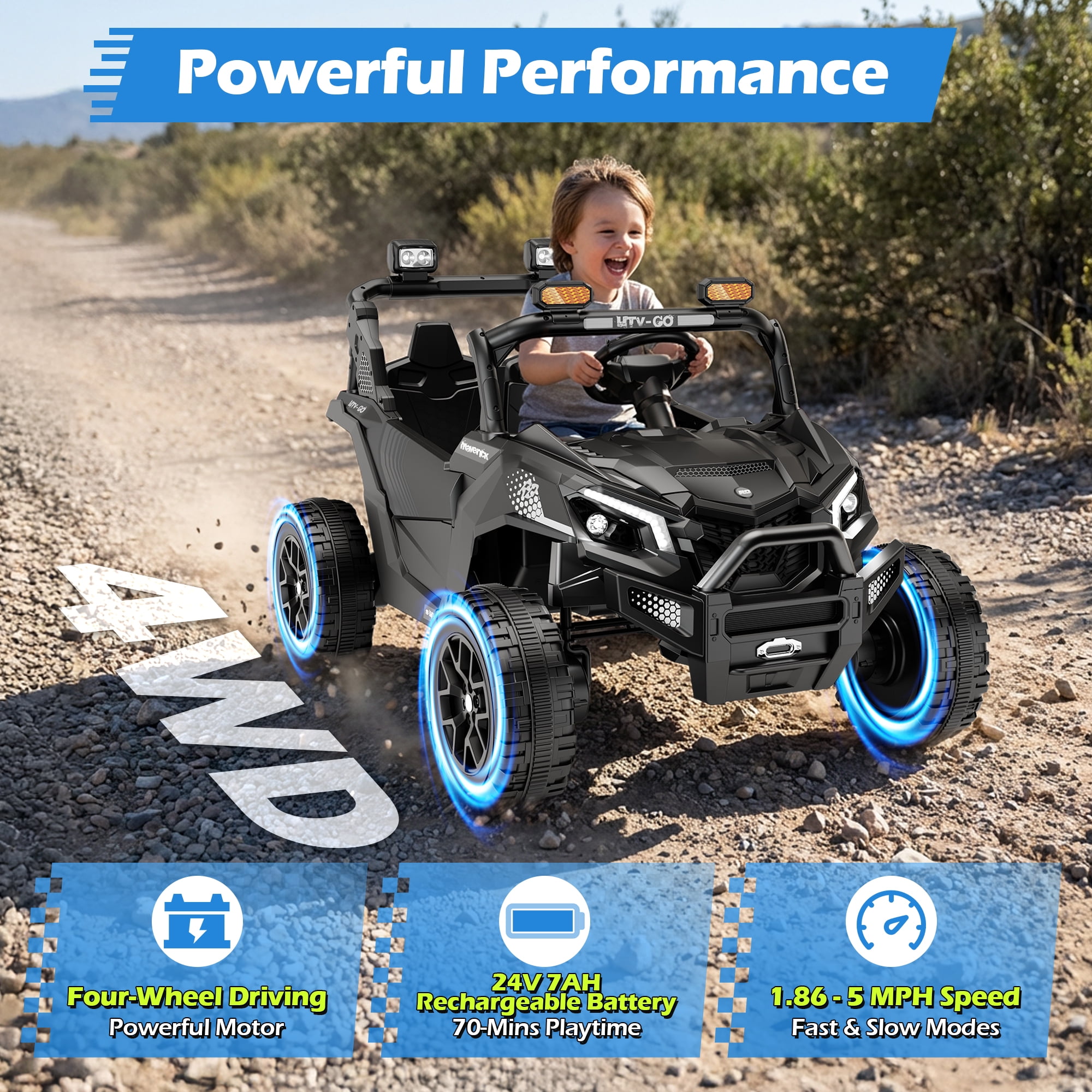 Wisairt 24V Ride on Toys 4WD Ride on Cars with Remote Control, 2 Seater Electric Car for Kids, Power Car Wheels, UTV w/ Four Motors, Music, LED Lights, Wireless Audio, 3 Speeds, Black