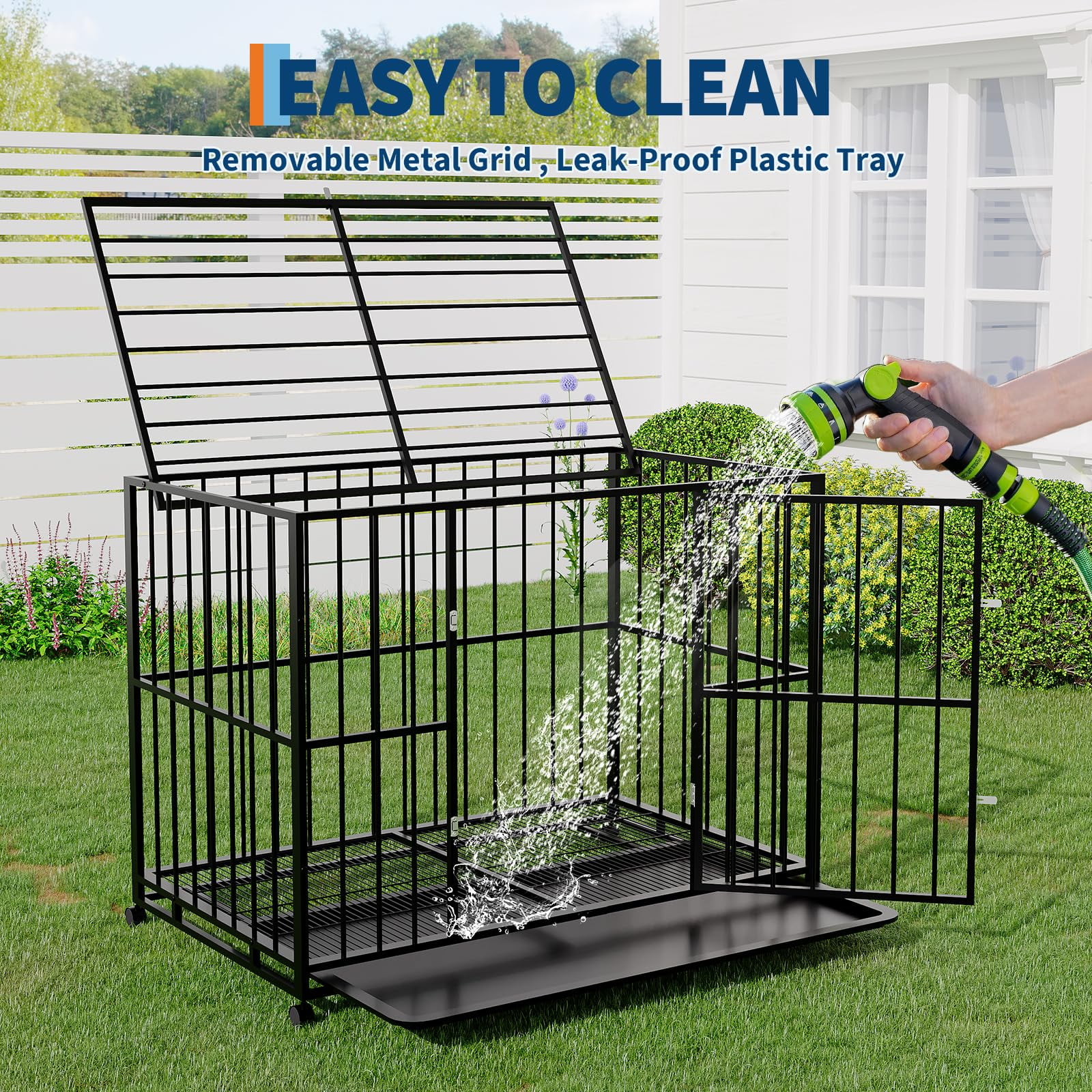 Heavy Duty Stainless Steel Dog Crate for Large Dogs - Indestructible & Escape-Proof Kennel with Locking Wheels - Collapsible, Chew-Resistant Indoor/Outdoor Cage with Easy-Clean Removable Tray XXL