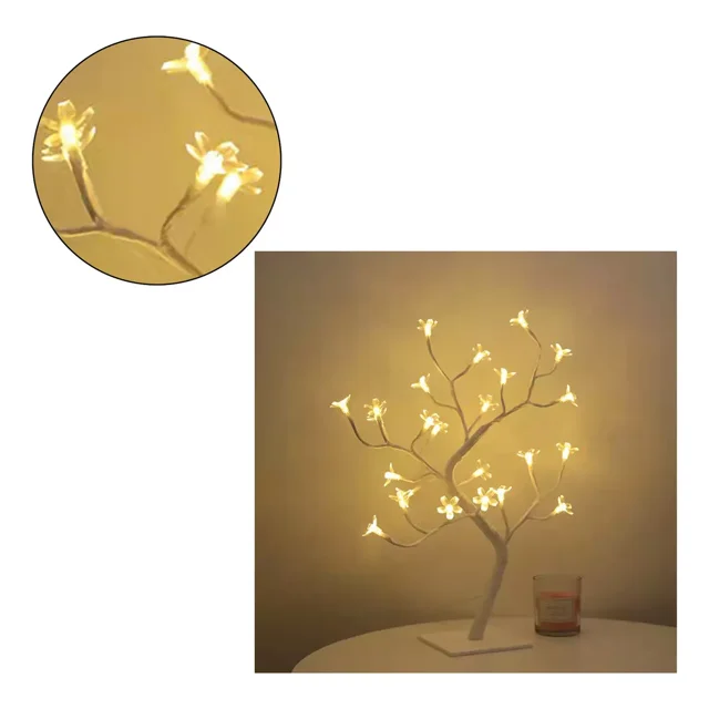 Luz de Noche Decorativa CM-TOP de Cerezo Blanco 45 cm 24 Luces LED USB Árbol tipo Bonsai