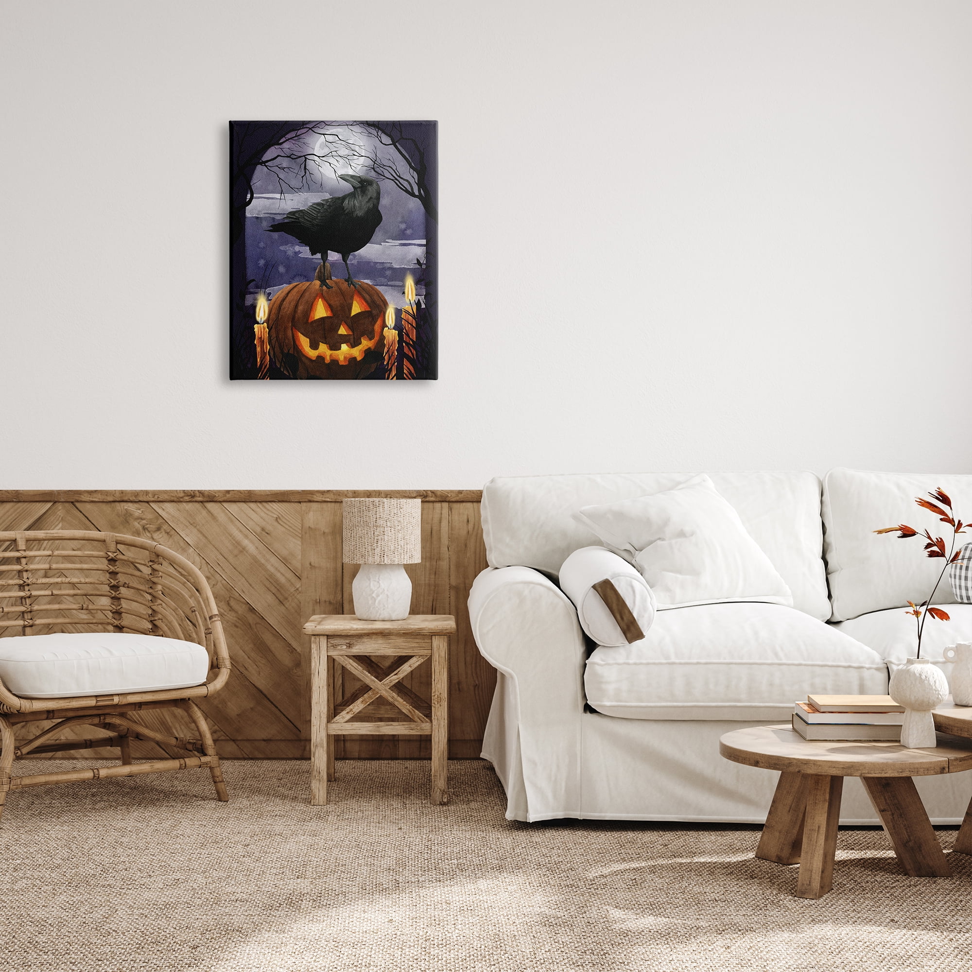 Stupell Industries Spooky Halloween Night Sky Crow Jack-o'-lantern Full Moon, 24 x 30, Design by Grace Popp