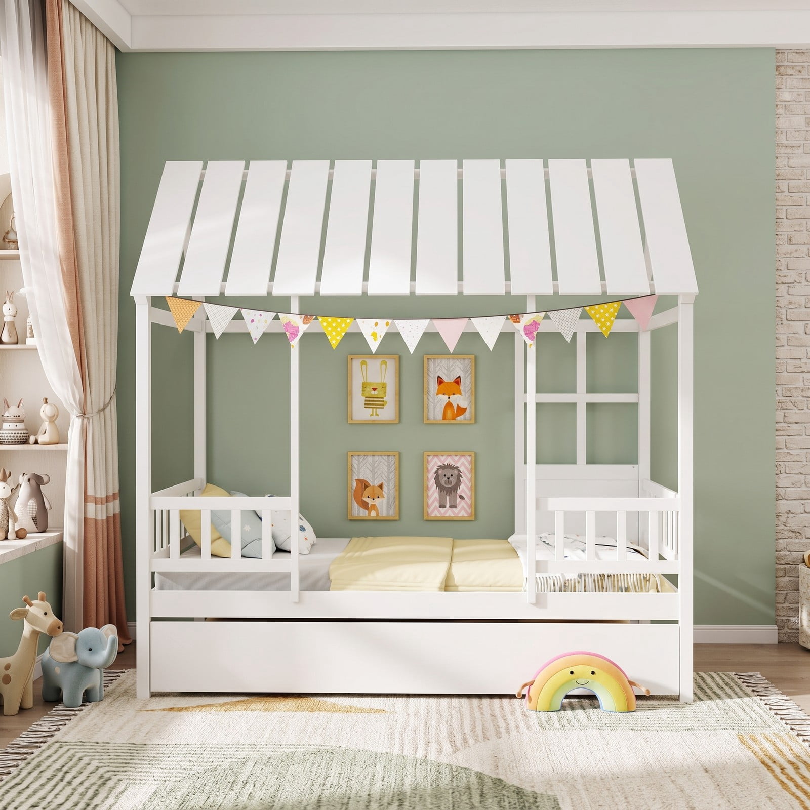 Furnibear Twin Size House Bed Frame with Trundle and Roof and Guardrail for Kids Bedroom, Space-Saving Platform Bed, White