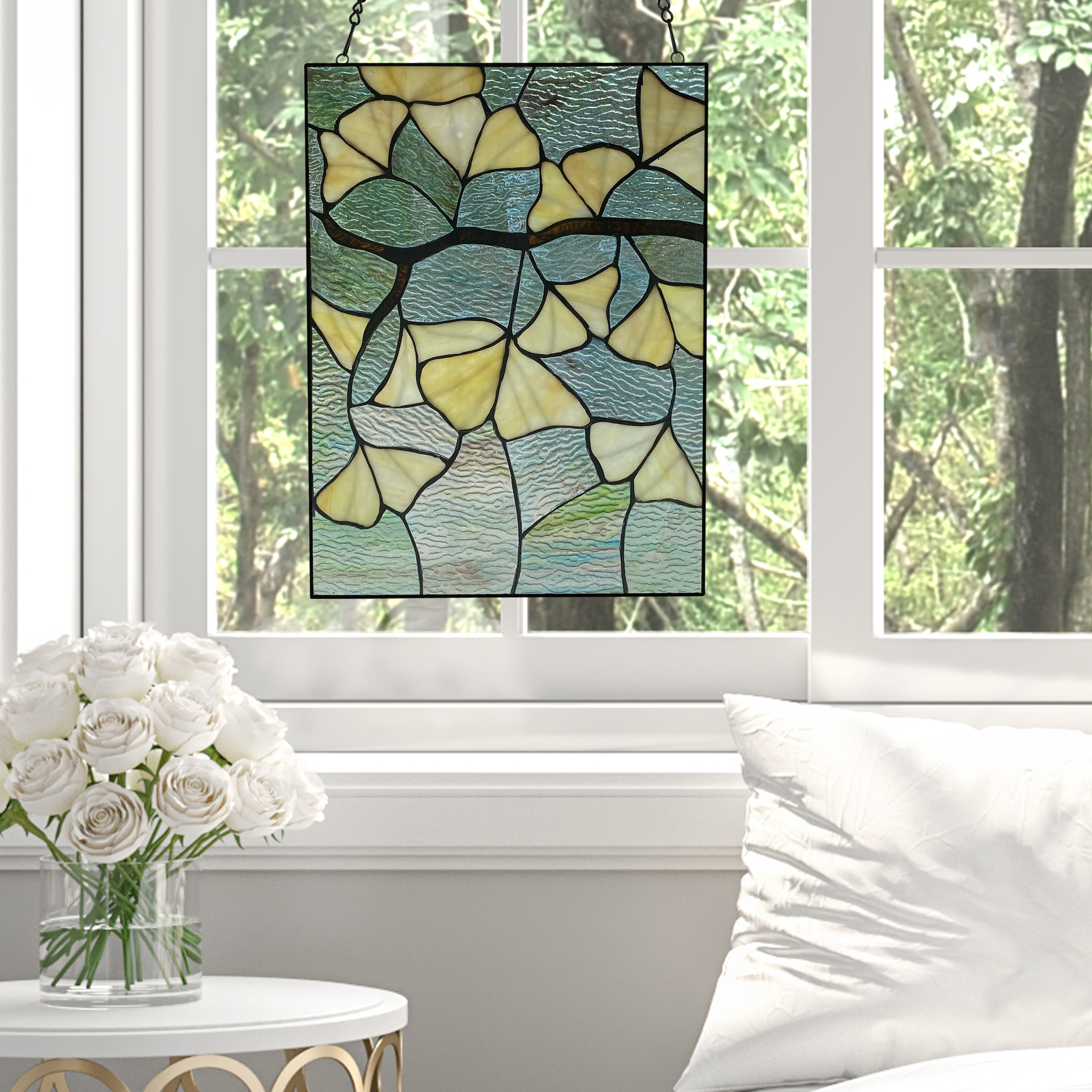 River of Goods 17.5"H Ginkgo Leaf Stained Glass Window Panel