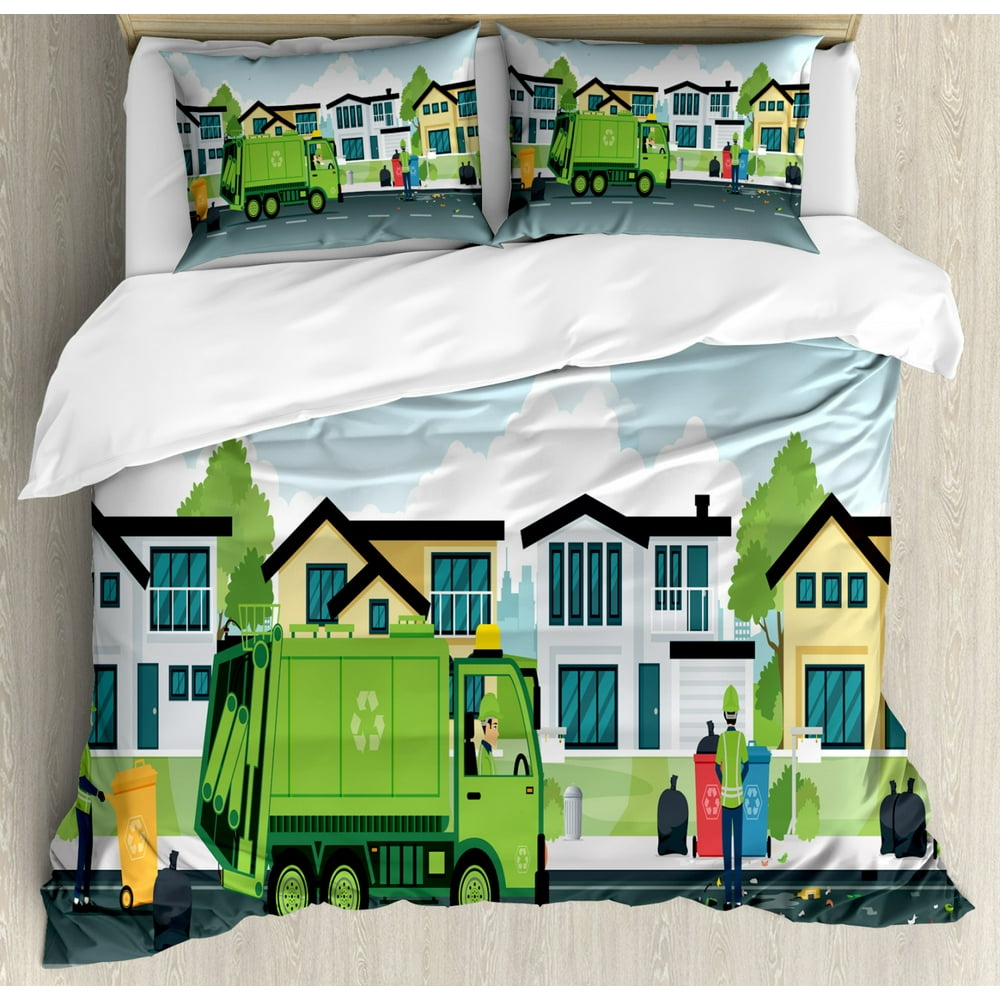 Garbage Truck Duvet Cover Set, Truck on the Road with Houses on the