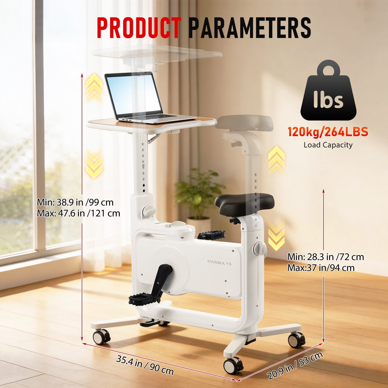 Plagage Under Desk Bike Exercise Bike with 2D Desktop, Upright Indoor Cycling Bikes with 264LBS Weight Capacity Stationary Bikes for Home