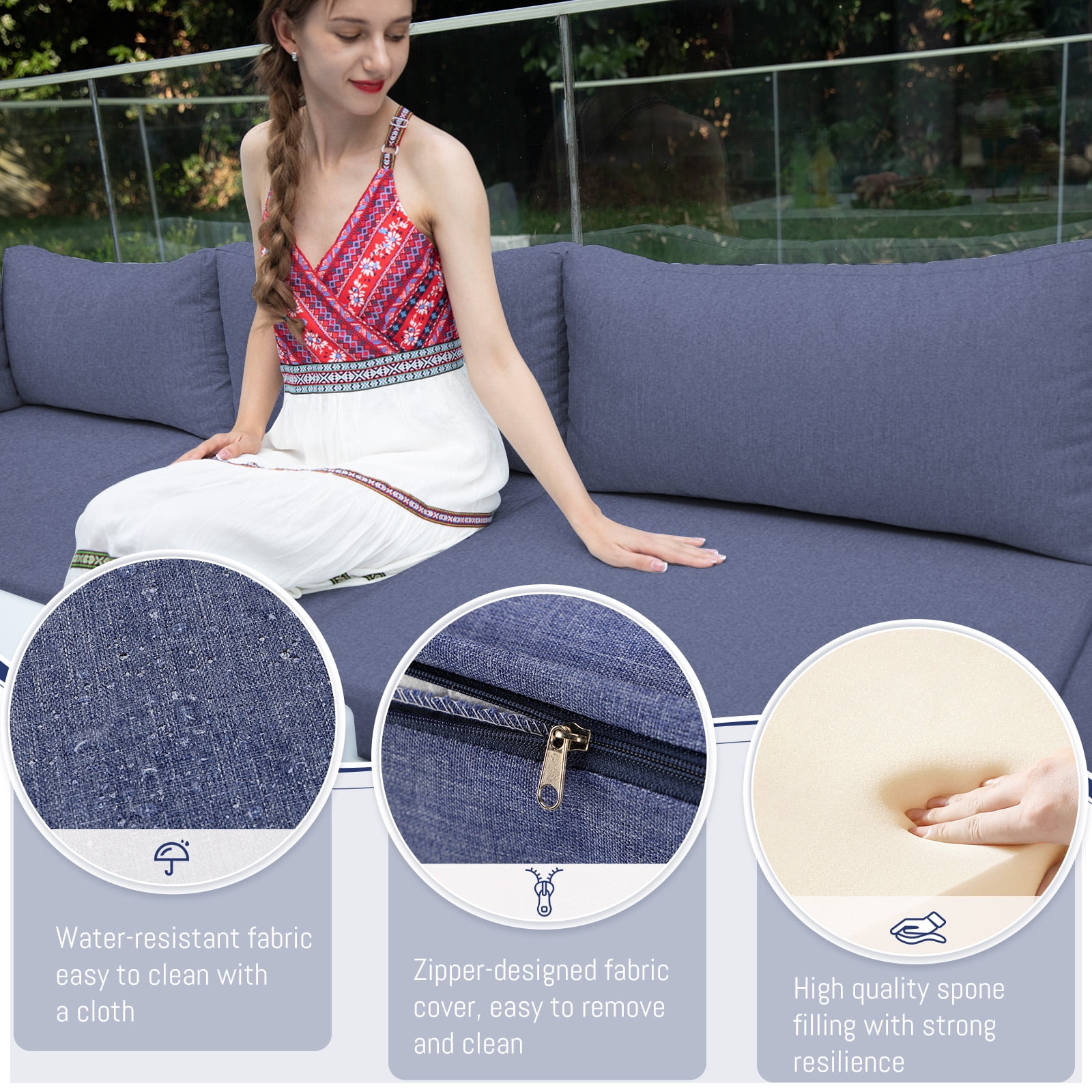 RADIATA 8 Pieces Aluminum Outdoor Patio Sectional Furniture Sofa Set with Fire Pit Table and Chaise Lounge Weather-Resistant for Porch Backyard Thicken Denim Blue Olefin Cushions Luxury