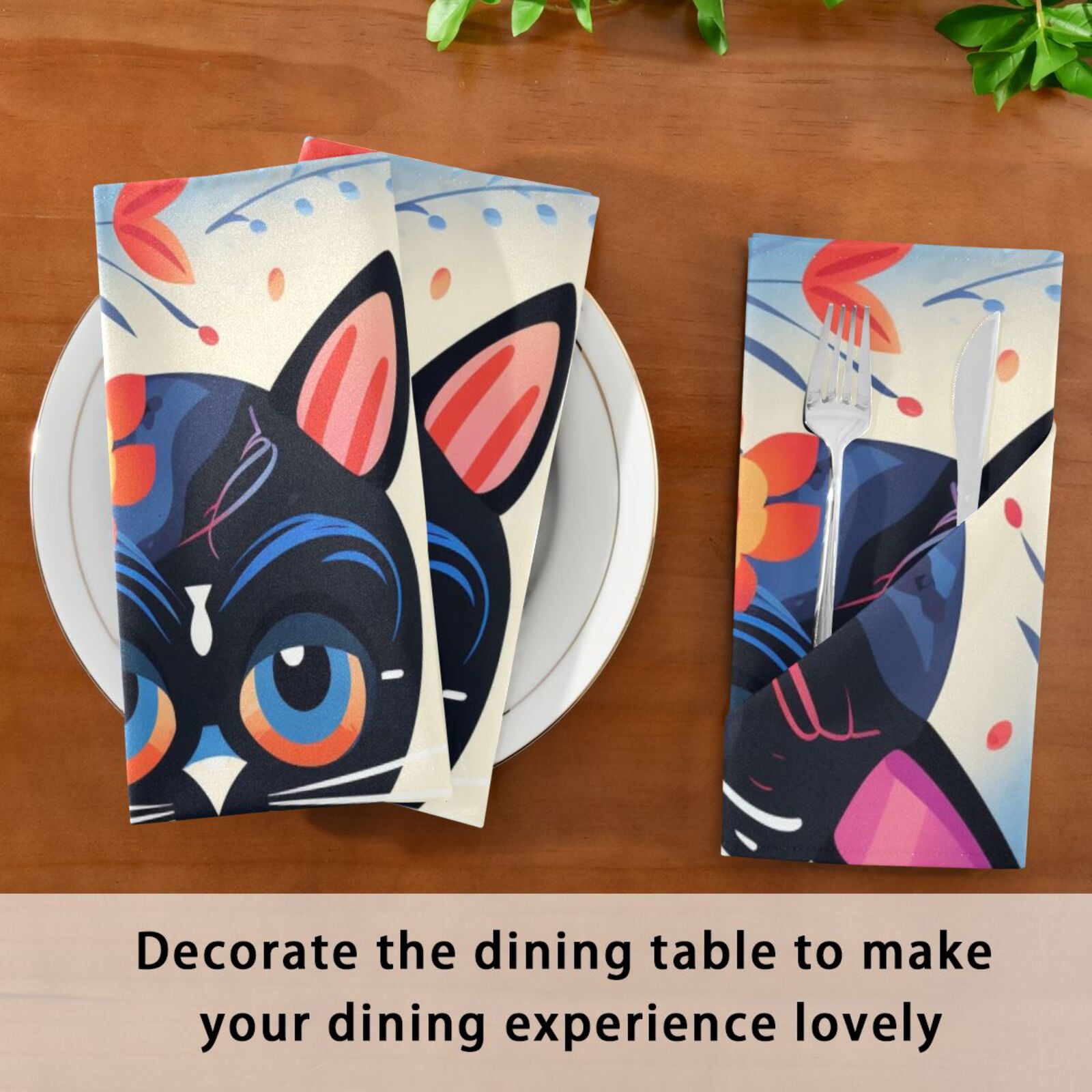 JSTEL Sugar Skull Cat Cute Cloth Napkins Set of 6, 20x20 Inch Washable and Reusable Napkin for Decoupage Dinner Party Everyday Use