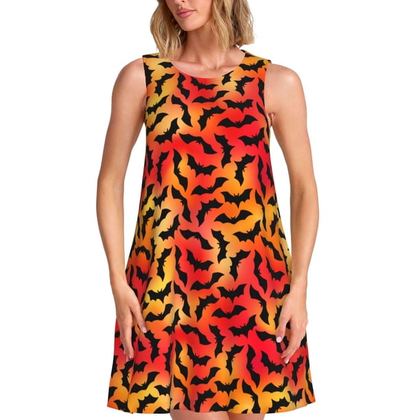 Easygdp Flying Black Bat para Vestido Transpirable de Mujer, Vestido Suelto de Manga Corta con Pliegues y Bolsillos para el Verano