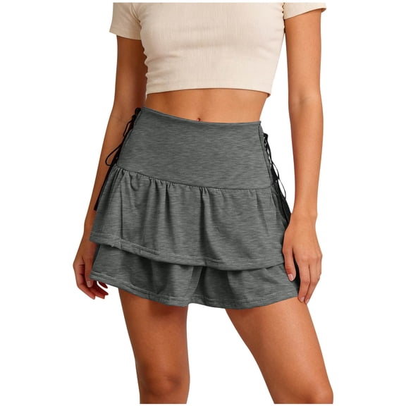 Wowcloth Women's A-line Short Skirt, Solid Color High Waist with Tie Belt, Retro Double Layer Ruffle Hem for Casual and Daily Wear