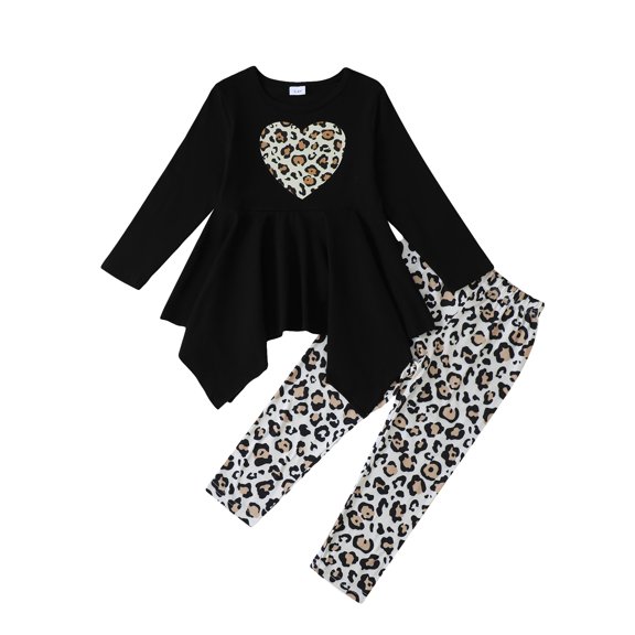 Yaoqi 3T Toddler Girl Outfit Set 4T Kid Girls Winter Clohtes Long Sleeves Heart Irregular Top Leopard Pants 2pcs Casual Clothing Black
