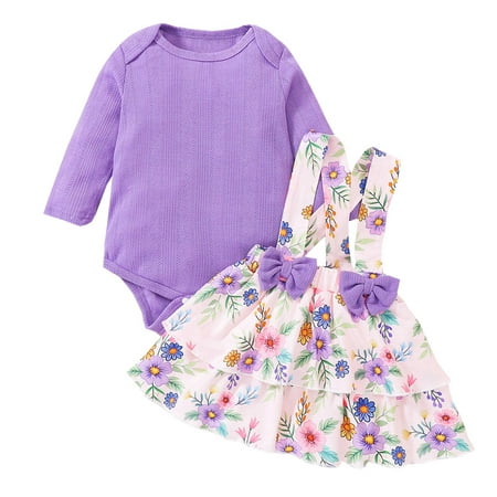 

nsendm Baby Girl Dress Mint Infant Girls Long Sleeve Ribbed Romper Bodysuits Floral Toddler Girl Winter Clothes Purple 12-18 Months