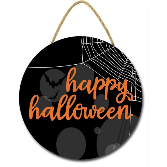 Eveokoki 12" Happy Halloween Sign for Front Door ，Round Wooden Hanging Wreaths for Home Wall Decor Halloween Day Party Decoration Outdoor Indoor