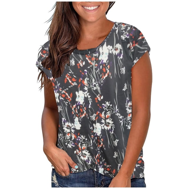 Camisetas de manga corta de verano para mujer, blusa informal con cuello redondo y estampado frontal Pompotops hfajkhk129039