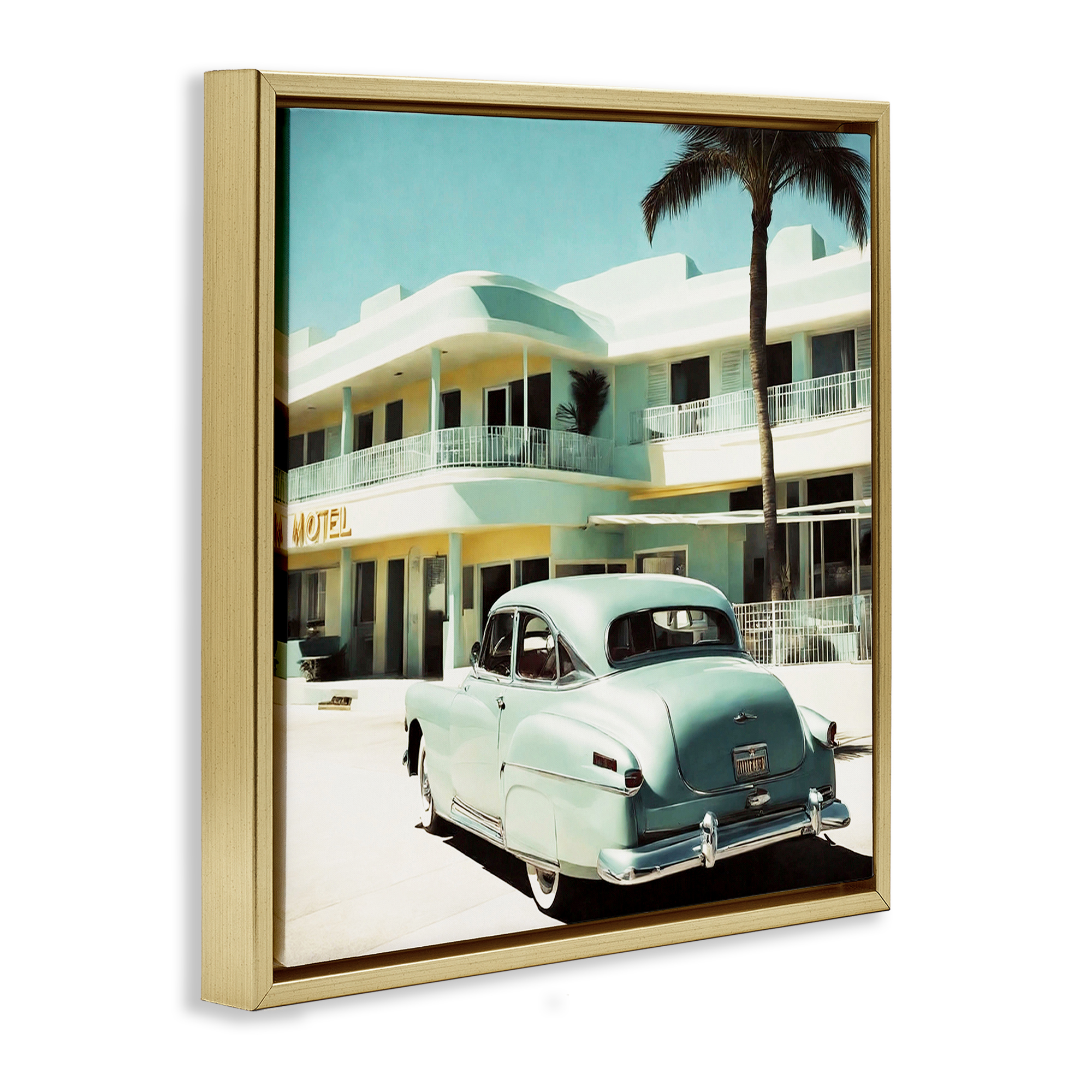 Stupell Industries Classic Car at Motel Transportation Painting Gold Floater Framed Canvas Art Print Wall Art, 25 x 25