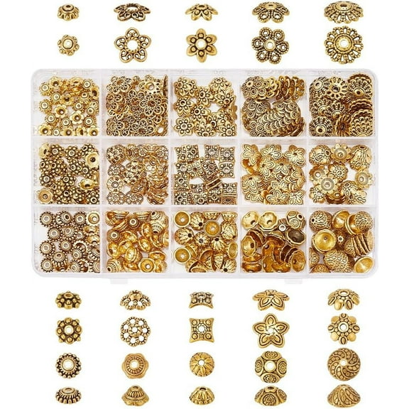 360pcs Bead Caps 15 Tibetan Styles Flower Bead Cap Spacer Beads Alloy Bead Cap Bails End Caps Beads for DIY