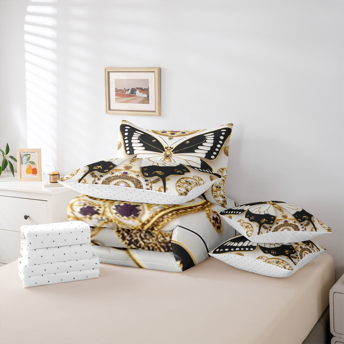 Homewish Black White Butterfly Girl 7-Piece Bedding Comforter Set,Exotic Style King Bedding Sets,Dreamy Princess Ultra Soft Bed Sheets,Luxury Bedroom Decor,Reversible