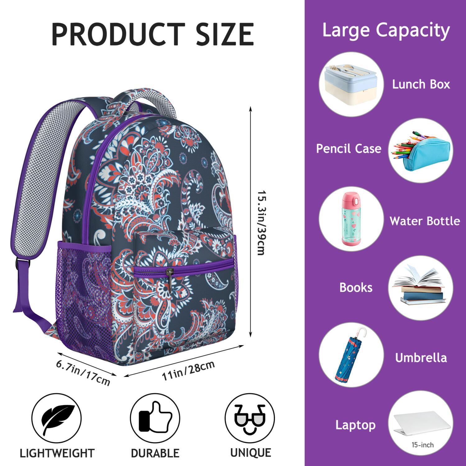 Bohemian Waterproof School Backpack - Ethnic Floral Paisley Design & Spinal Support for College Students