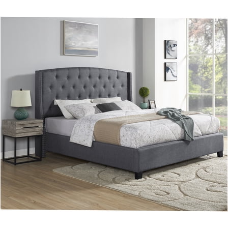 JERFIT Gray Upholstered Queen Bedroom Set with Wingback Bed and Nightstands, 3-Piece Modern Platform Bed Frame