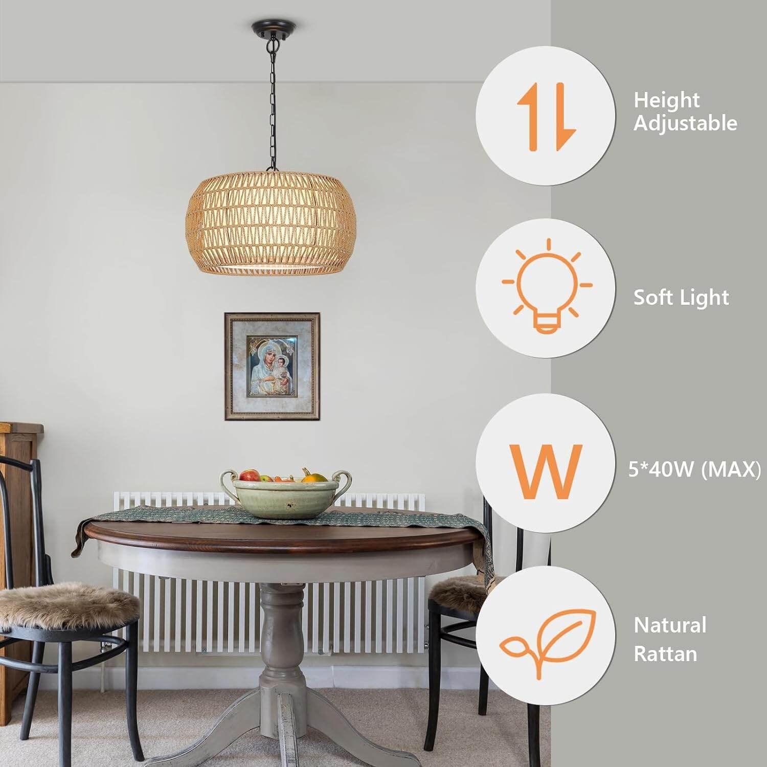 18.9" Rattan Farmhouse Chandelier - 5-Light Boho Pendant Light with Adjustable Height (18.9"W x 9.8"H)
