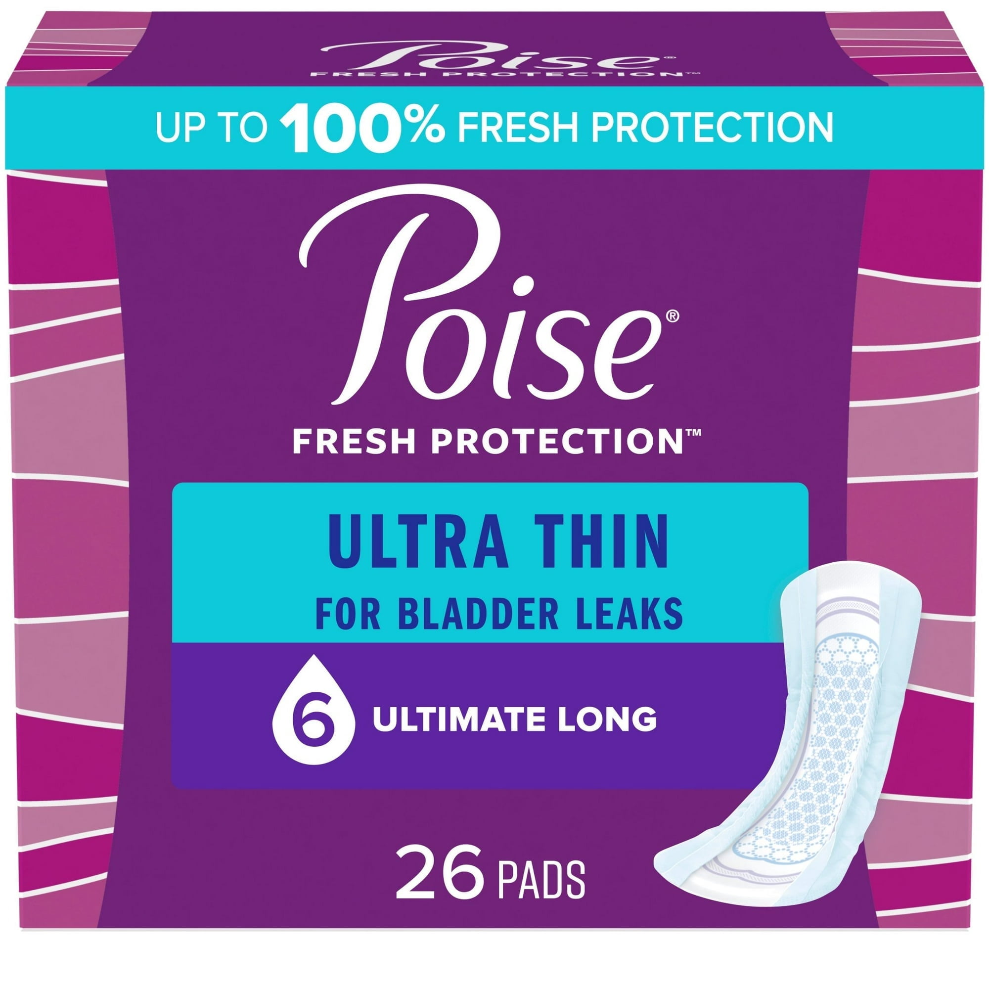 Poise Ultra Thin Incontinence Pads, 6 Drop Ultimate Absorbency, Long Length, 26 Count