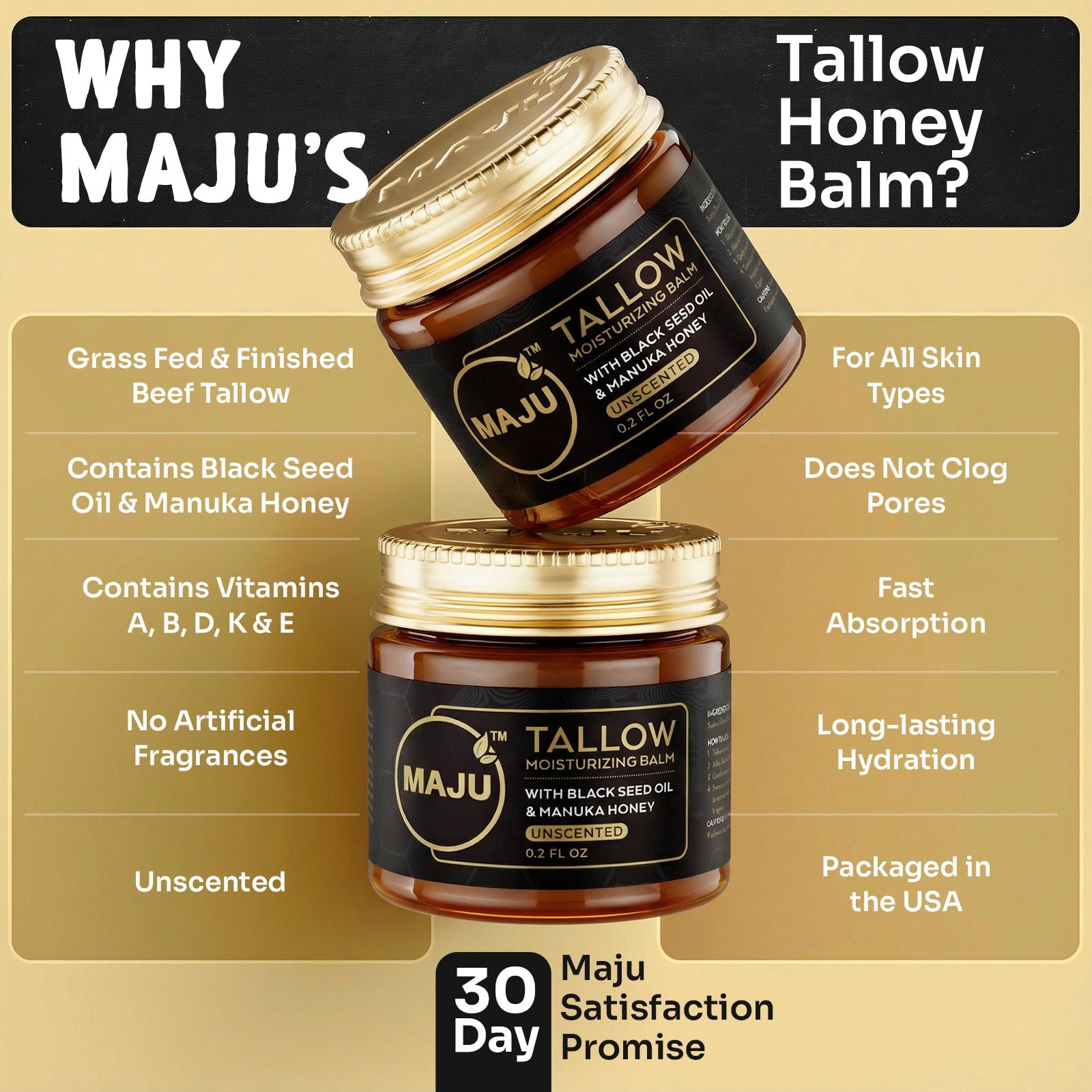 MAJU's Black Seed Manuka Tallow, 2 Fl Oz, Unscented, Grass Fed Beef Tallow Balm, Deeply Hydrating for All Day Skin Nourishment