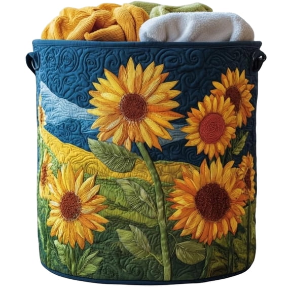 Laundry Storage Basket Quilted Polyester Fabric Bin with Reinforced Handles and Large Capacity for Home Organization in Bedroom Bathroom, Sunflower 14x18 Inch